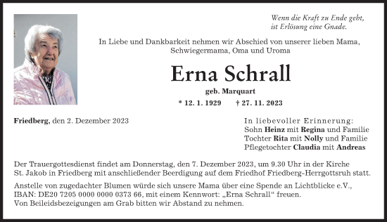 Traueranzeige von Erna Schrall von Friedberger Allgemeine