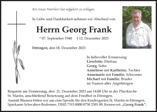 Traueranzeige von Georg Frank von Mindelheimer Zeitung