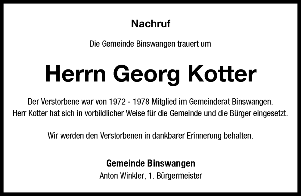  Traueranzeige für Georg Kotter vom 16.12.2023 aus Wertinger Zeitung