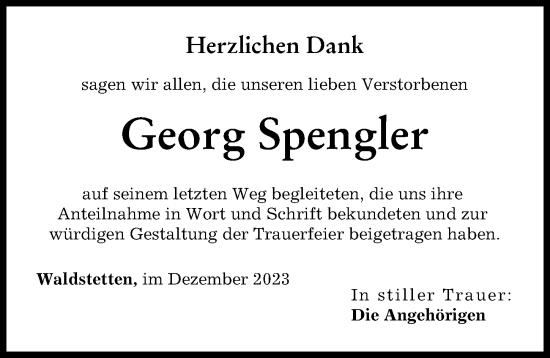 Traueranzeige von Georg Spengler von Günzburger Zeitung