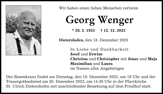 Traueranzeige von Georg Wenger von Illertisser Zeitung