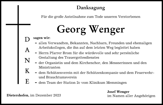 Traueranzeige von Georg Wenger von Illertisser Zeitung