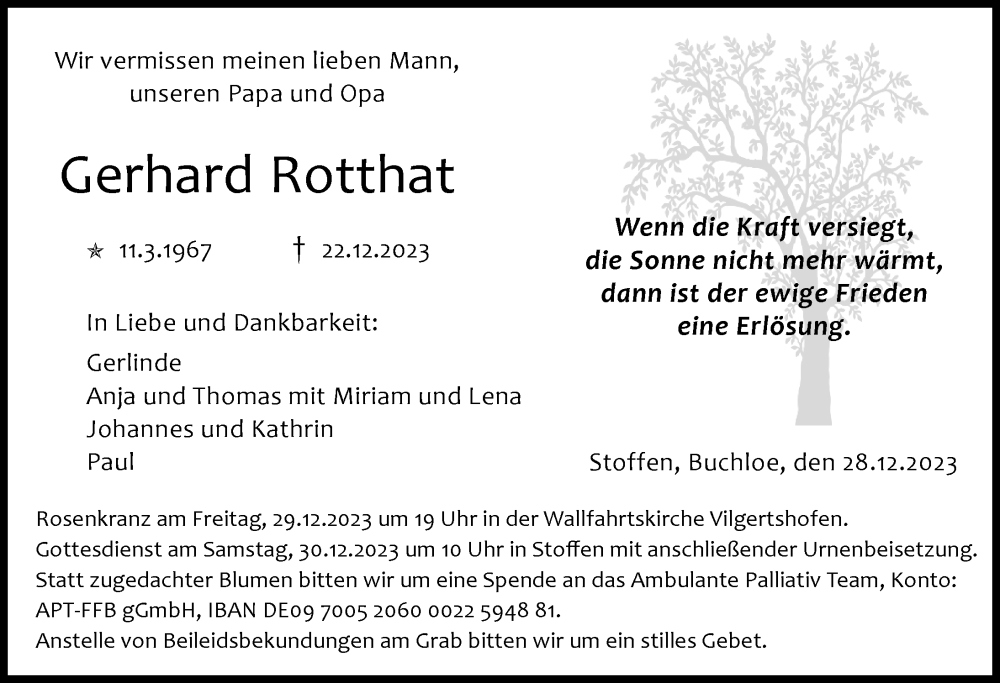  Traueranzeige für Gerhard Rotthat vom 28.12.2023 aus Landsberger Tagblatt