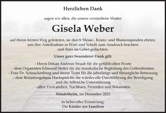 Traueranzeige von Gisela Weber von Mindelheimer Zeitung