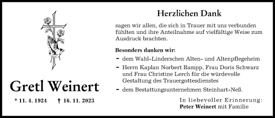 Traueranzeige von Gretl Weinert von Günzburger Zeitung