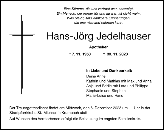 Traueranzeige von Hans-Jörg Jedelhauser von Mittelschwäbische Nachrichten