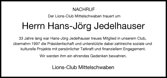 Traueranzeige von Hans-Jörg Jedelhauser von Mittelschwäbische Nachrichten