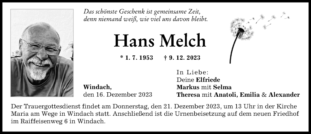  Traueranzeige für Hans Melch vom 16.12.2023 aus Landsberger Tagblatt