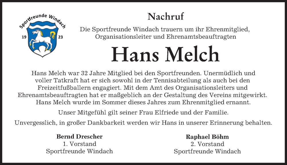  Traueranzeige für Hans Melch vom 16.12.2023 aus Landsberger Tagblatt