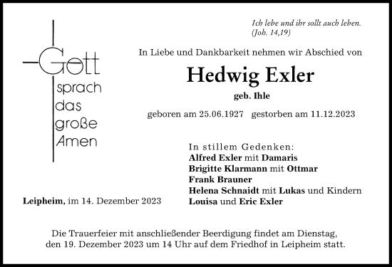 Traueranzeige von Hedwig Exler von Günzburger Zeitung