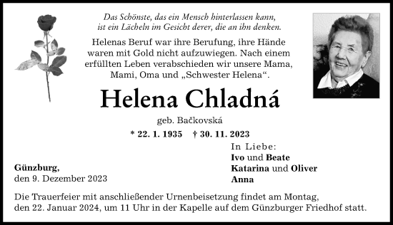 Traueranzeige von Helena Chladna von Günzburger Zeitung