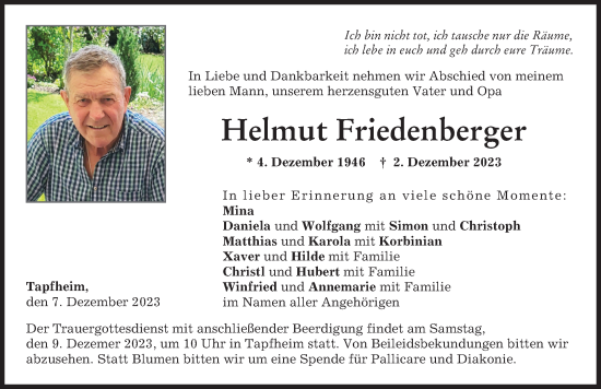 Traueranzeige von Helmut Friedenberger von Donauwörther Zeitung