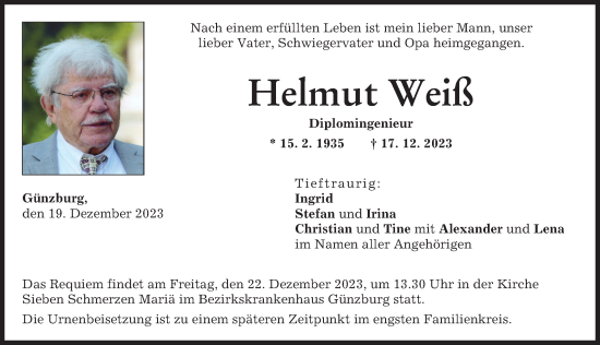 Traueranzeige von Helmut Weiß von Günzburger Zeitung