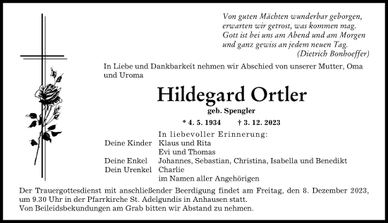 Traueranzeige von Hildegard Ortler von Augsburger Allgemeine