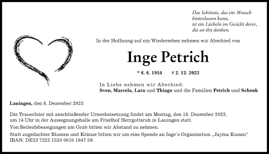 Traueranzeige von Inge Petrich von Donau Zeitung
