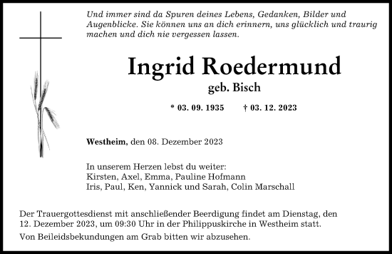 Traueranzeige von Ingrid Roedermund von Augsburger Allgemeine