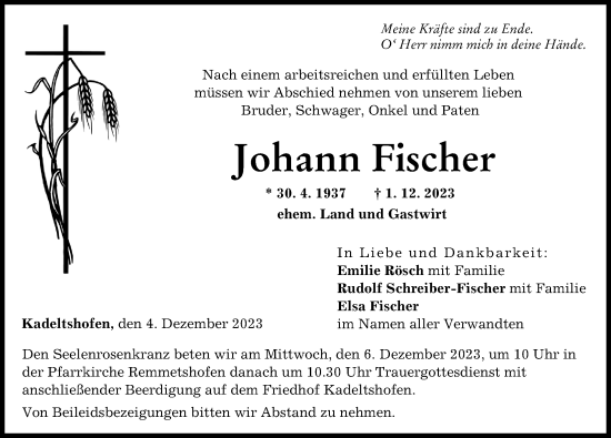 Traueranzeige von Johann Fischer von Neu-Ulmer Zeitung