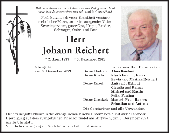 Traueranzeige von Johann Reichert von Neuburger Rundschau