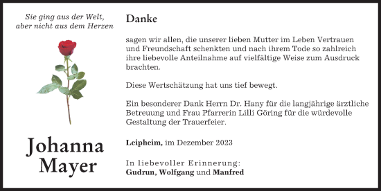 Traueranzeige von Johanna Mayer von Günzburger Zeitung