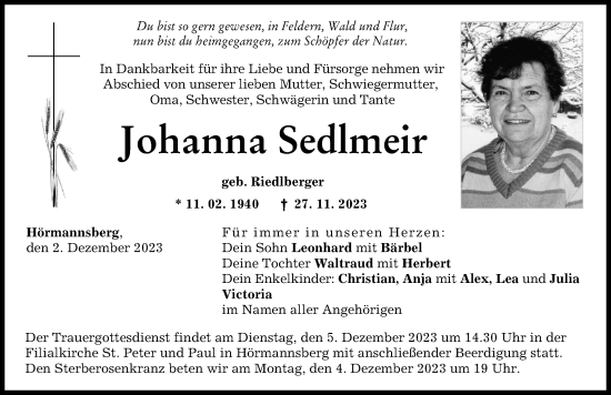 Traueranzeige von Johanna Sedlmeir von Friedberger Allgemeine