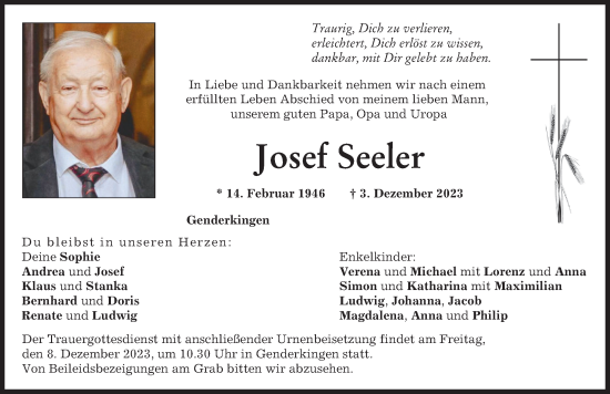 Traueranzeige von Josef Seeler von Donauwörther Zeitung