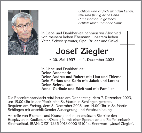 Traueranzeige von Josef Ziegler von Mindelheimer Zeitung