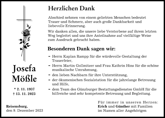 Traueranzeige von Josefa Mößle von Günzburger Zeitung