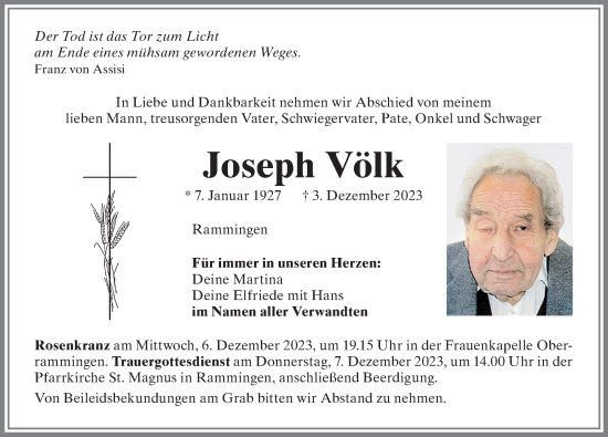 Traueranzeige von Joseph Völk von Mindelheimer Zeitung