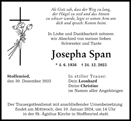 Traueranzeige von Josepha Span von Mittelschwäbische Nachrichten