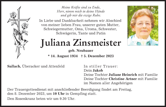 Traueranzeige von Juliana Zinsmeister von Neuburger Rundschau, Donauwörther Zeitung
