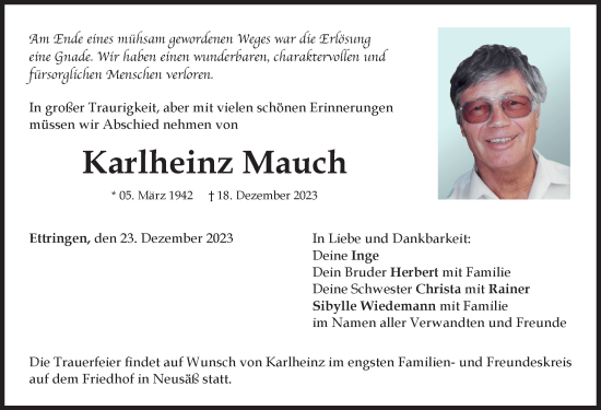 Traueranzeige von Karlheinz Mauch von Mindelheimer Zeitung