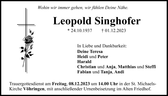 Traueranzeige von Leopold Singhofer von Illertisser Zeitung