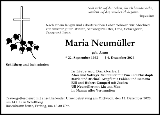 Traueranzeige von Maria Neumüller von Aichacher Nachrichten