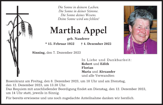 Traueranzeige von Martha Appel von Neuburger Rundschau