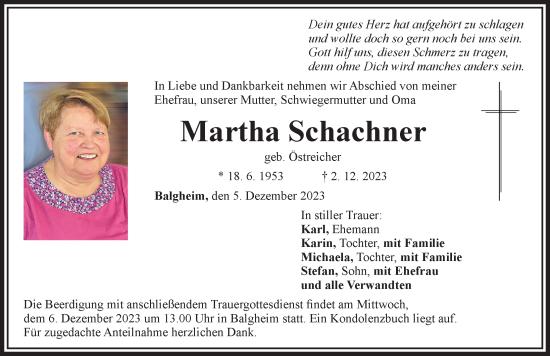 Traueranzeige von Martha Schachner von Rieser Nachrichten