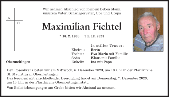 Traueranzeige von Maximilian Fichtel von Schwabmünchner Allgemeine