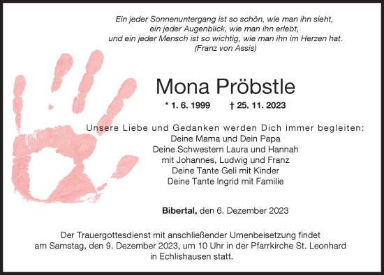 Traueranzeige von Mona Pröbstle von Günzburger Zeitung