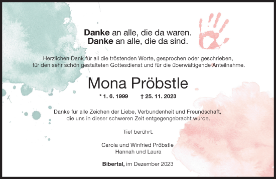 Traueranzeige von Mona Pröbstle von Günzburger Zeitung