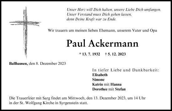 Traueranzeige von Paul Ackermann von Donau Zeitung