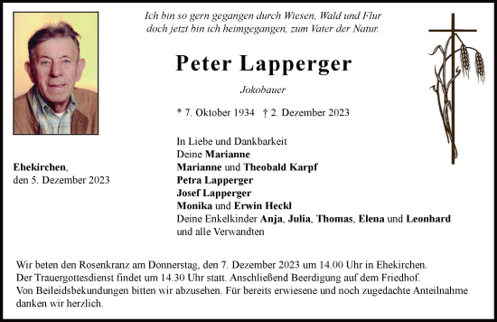 Traueranzeige von Peter Lapperger von Neuburger Rundschau