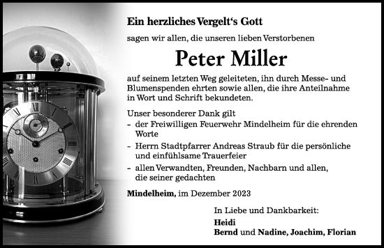 Traueranzeige von Peter Miller von Mindelheimer Zeitung