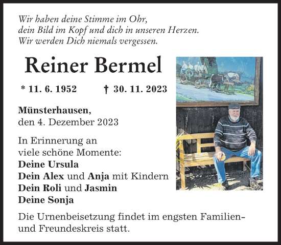 Traueranzeige von Reiner Bermel von Mittelschwäbische Nachrichten, Günzburger Zeitung