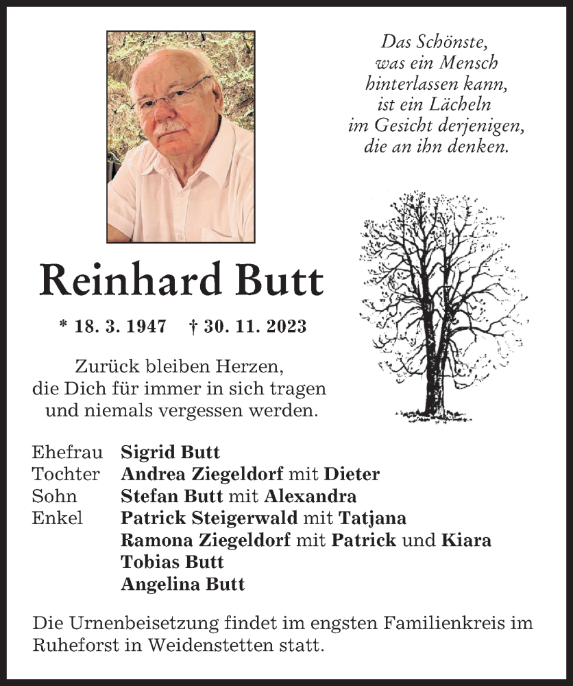  Traueranzeige für Reinhard Butt vom 16.12.2023 aus Neu-Ulmer Zeitung