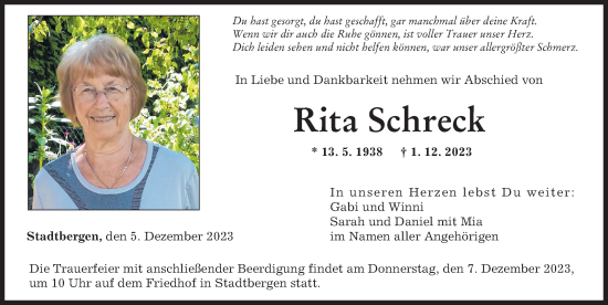 Traueranzeige von Rita Schreck von Augsburger Allgemeine