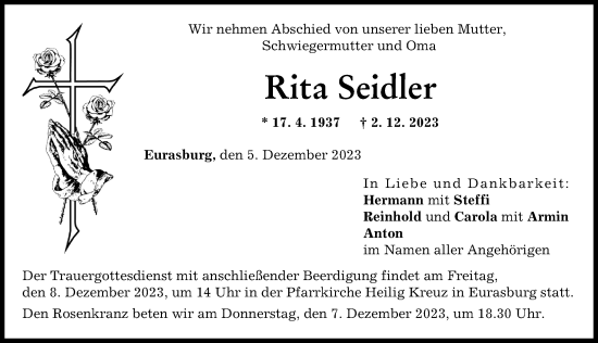 Traueranzeige von Rita Seidler von Friedberger Allgemeine