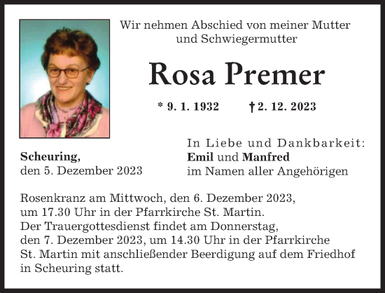 Traueranzeige von Rosa Premer von Landsberger Tagblatt