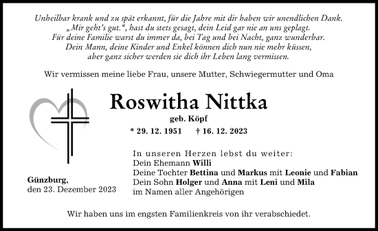Traueranzeige von Roswitha Nittka von Günzburger Zeitung