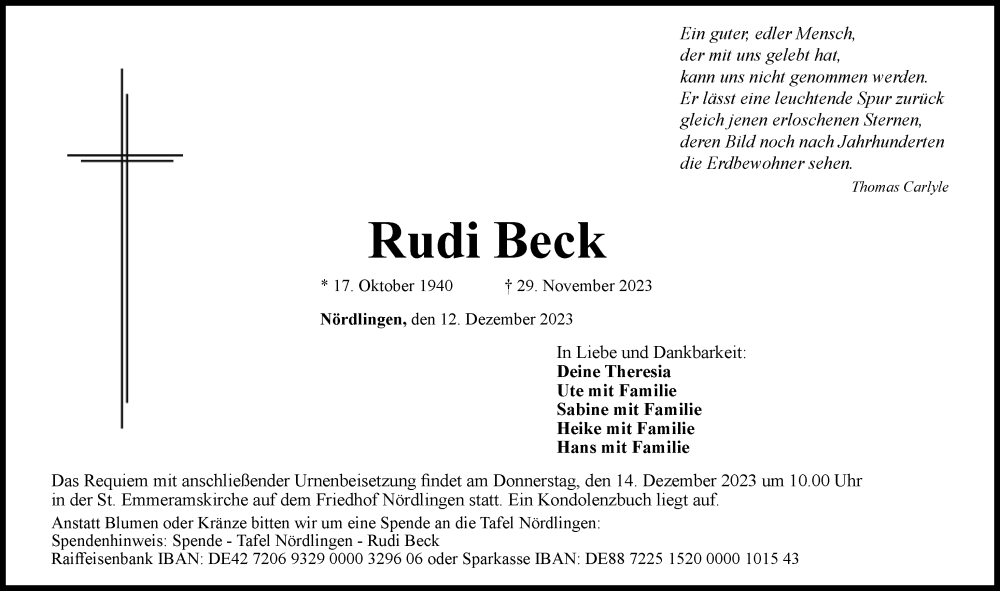  Traueranzeige für Rudi Beck vom 12.12.2023 aus Rieser Nachrichten