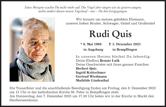 Traueranzeige von Rudi Quis von Augsburg-Land