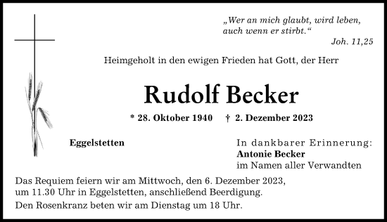 Traueranzeige von Rudolf Becker von Donauwörther Zeitung